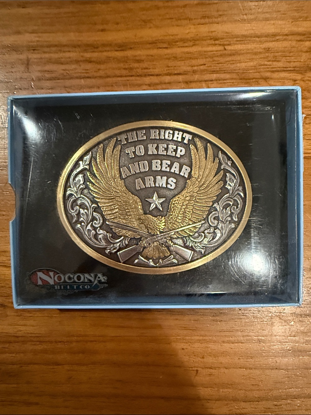 NEW NOCONA BELT CO. right to bear arms belt buckle in antique silver